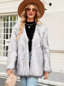 Faux Fur Coats Silver Long Sleeves Women Eco-friendly Fur Coat Coat