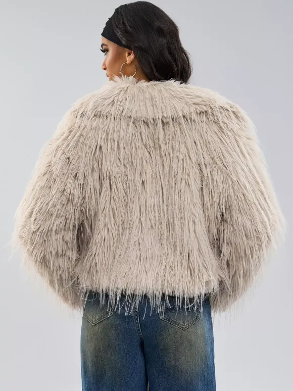 Faux Fur Coats Apricot Long Sleeves Faux Fur Jacket Winter Coat