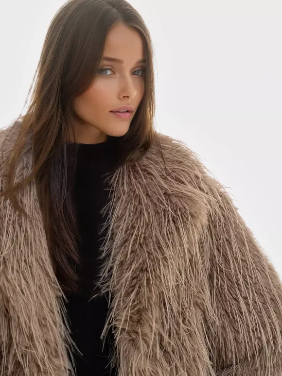Faux Fur Coats Apricot Long Sleeves Faux Fur Jacket Winter Coat