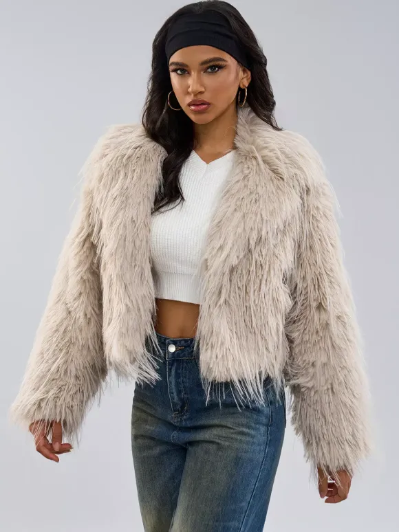Faux Fur Coats Apricot Long Sleeves Faux Fur Jacket Winter Coat
