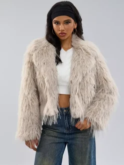 Faux Fur Coats Apricot Long Sleeves Faux Fur Jacket Winter Coat