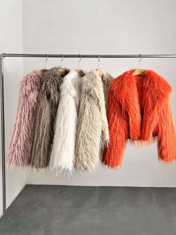 Faux Fur Coats Apricot Long Sleeves Faux Fur Jacket Winter Coat