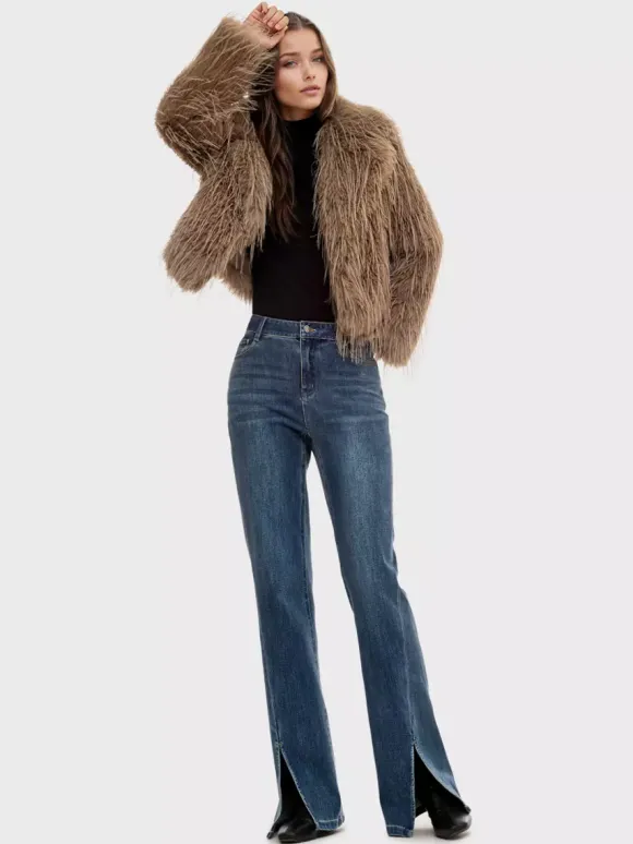 Faux Fur Coats Apricot Long Sleeves Faux Fur Jacket Winter Coat