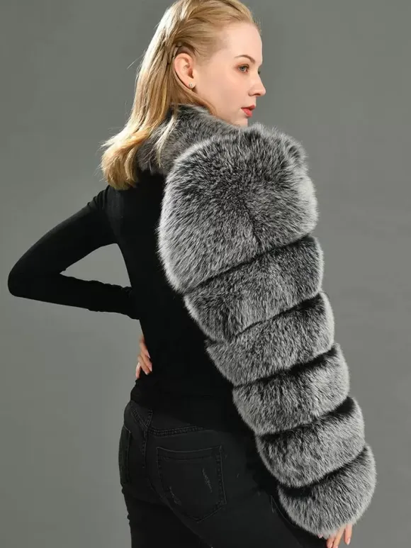 Faux Fur Coats Black No Waistline Asymmetrical Women Coat