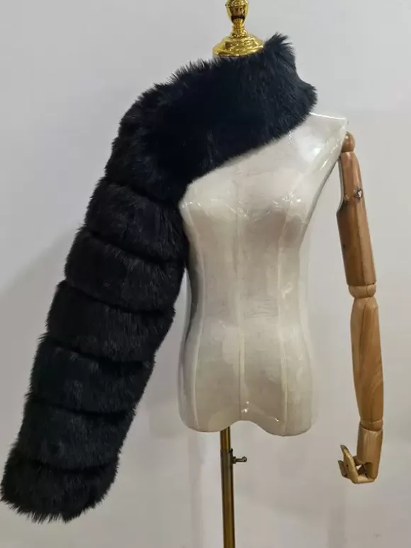 Faux Fur Coats Black No Waistline Asymmetrical Women Coat