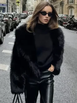 Faux Fur Coats Black Raised Waist Long Sleeves Faux Fur Jacket Winter Coat