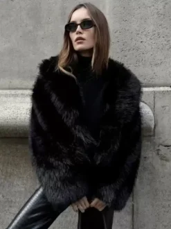 Faux Fur Coats Black Raised Waist Long Sleeves Faux Fur Jacket Winter Coat