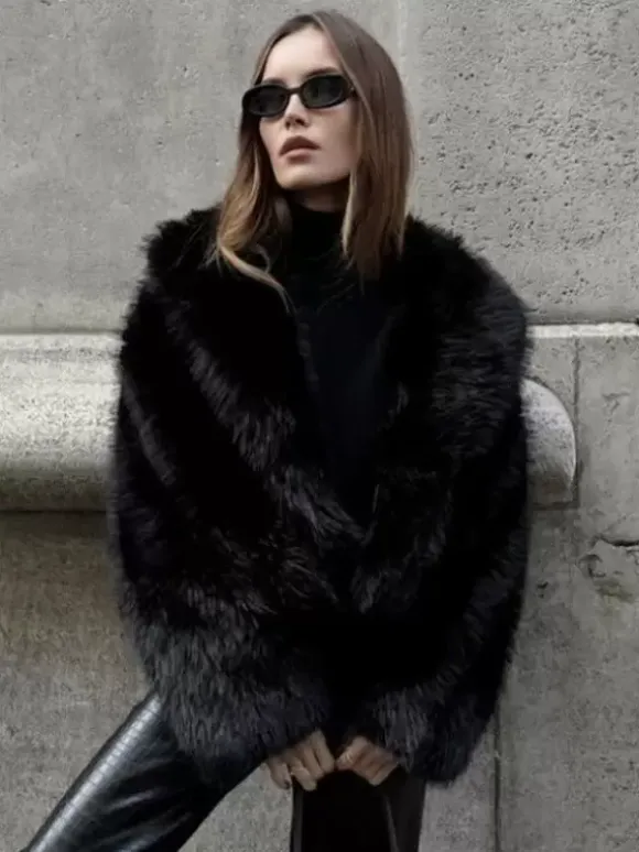 Faux Fur Coats Black Raised Waist Long Sleeves Faux Fur Jacket Winter Coat