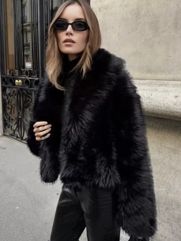 Faux Fur Coats Black Raised Waist Long Sleeves Faux Fur Jacket Winter Coat