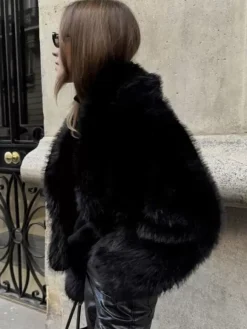 Faux Fur Coats Black Raised Waist Long Sleeves Faux Fur Jacket Winter Coat