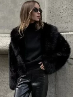 Faux Fur Coats Black Raised Waist Long Sleeves Faux Fur Jacket Winter Coat