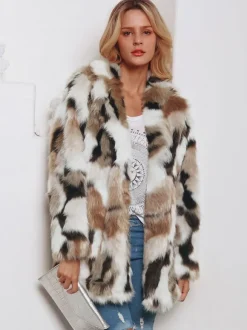 Faux Fur Coats Color Block Women Winter Eco-friendly Fur Coat 2026