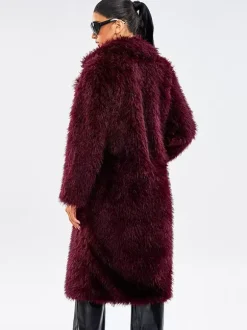 Faux Fur Coats In Burgundy Notched Lapel Winter Long Jacket For Women 2026