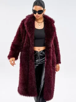 Faux Fur Coats In Burgundy Notched Lapel Winter Long Jacket For Women 2026