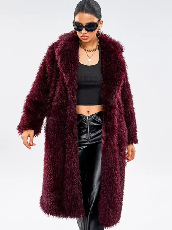 Faux Fur Coats In Burgundy Notched Lapel Winter Long Jacket For Women 2026