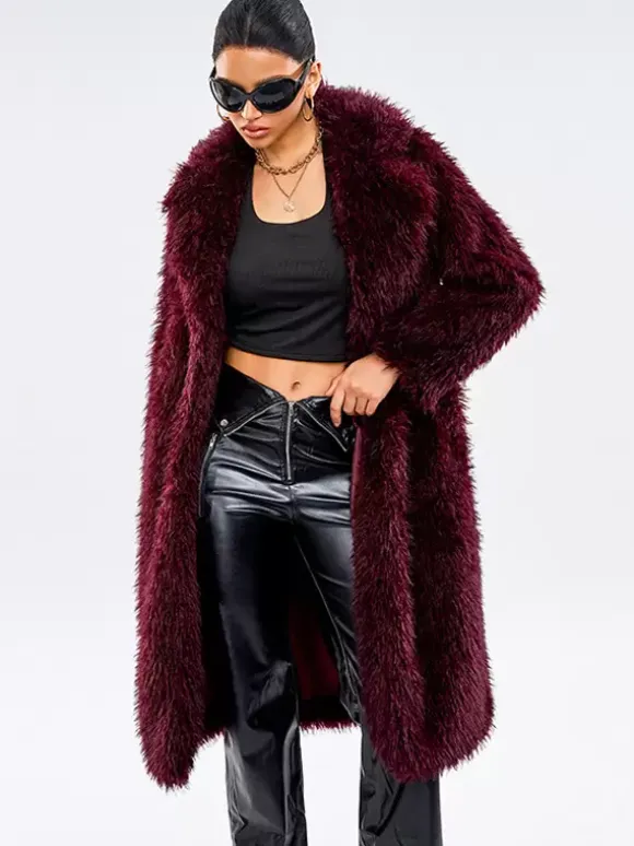 Faux Fur Coats In Burgundy Notched Lapel Winter Long Jacket For Women 2026