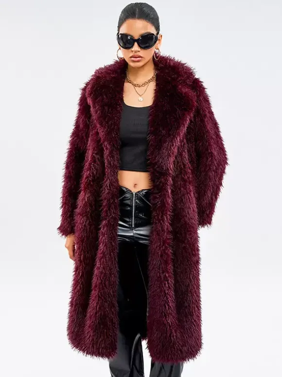 Faux Fur Coats In Burgundy Notched Lapel Winter Long Jacket For Women 2026
