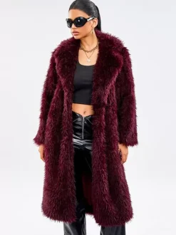 Faux Fur Coats In Burgundy Notched Lapel Winter Long Jacket For Women 2026