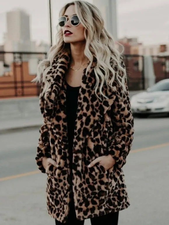 Faux Fur Coats Leopard Long Sleeves Leopard Print Oversized Eco-friendly Fur Coat