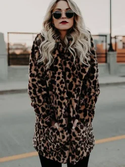 Faux Fur Coats Leopard Long Sleeves Leopard Print Oversized Eco-friendly Fur Coat