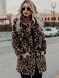 Faux Fur Coats Leopard Long Sleeves Leopard Print Oversized Eco-friendly Fur Coat