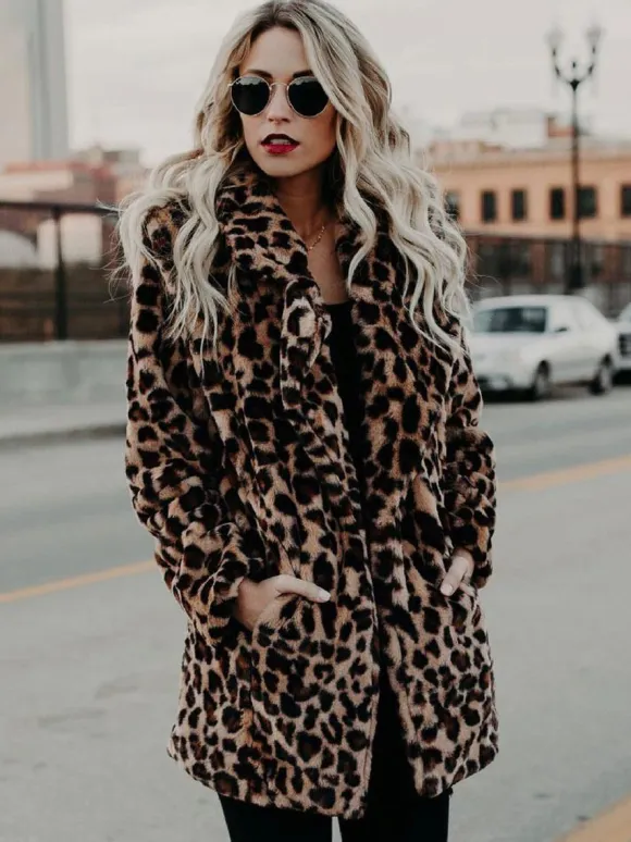 Faux Fur Coats Leopard Long Sleeves Leopard Print Oversized Eco-friendly Fur Coat