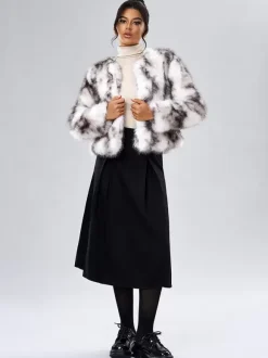 Faux Fur Coats Long Sleeves Casual Faux Fur Jacket Jewel Neck White Women Coat