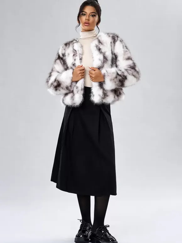 Faux Fur Coats Long Sleeves Casual Faux Fur Jacket Jewel Neck White Women Coat