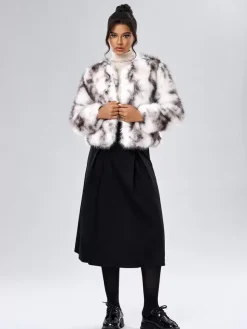 Faux Fur Coats Long Sleeves Casual Faux Fur Jacket Jewel Neck White Women Coat