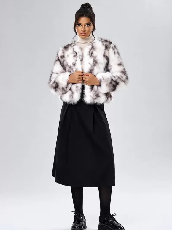 Faux Fur Coats Long Sleeves Casual Faux Fur Jacket Jewel Neck White Women Coat