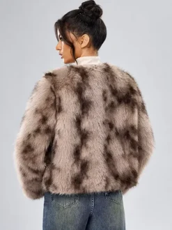 Faux Fur Coats Long Sleeves Casual Faux Fur Jacket Jewel Neck White Women Coat