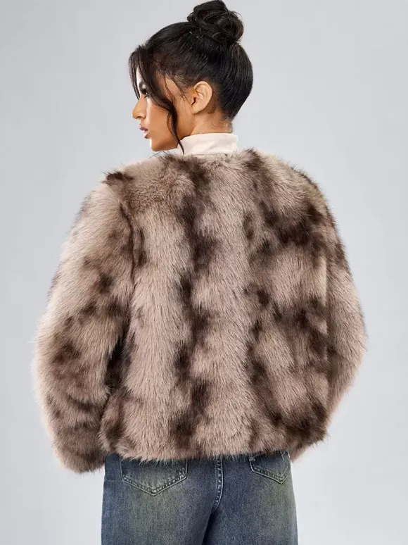 Faux Fur Coats Long Sleeves Casual Faux Fur Jacket Jewel Neck White Women Coat