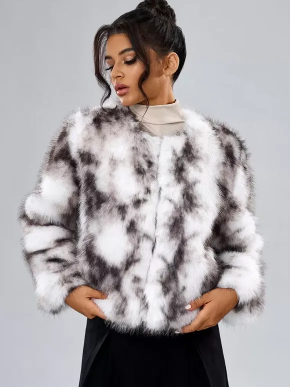 Faux Fur Coats Long Sleeves Casual Faux Fur Jacket Jewel Neck White Women Coat