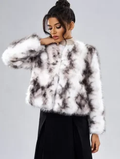 Faux Fur Coats Long Sleeves Casual Faux Fur Jacket Jewel Neck White Women Coat