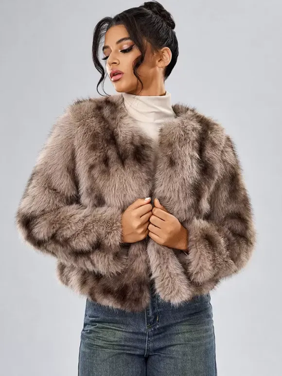 Faux Fur Coats Long Sleeves Casual Faux Fur Jacket Jewel Neck White Women Coat