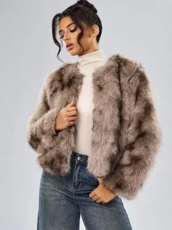 Faux Fur Coats Long Sleeves Casual Faux Fur Jacket Jewel Neck White Women Coat