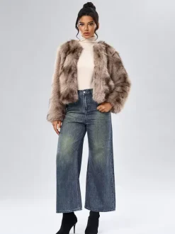 Faux Fur Coats Long Sleeves Casual Faux Fur Jacket Jewel Neck White Women Coat