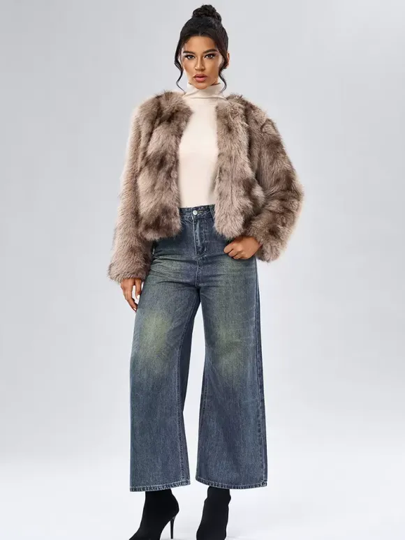 Faux Fur Coats Long Sleeves Casual Faux Fur Jacket Jewel Neck White Women Coat