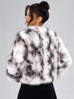 Faux Fur Coats Long Sleeves Casual Faux Fur Jacket Jewel Neck White Women Coat