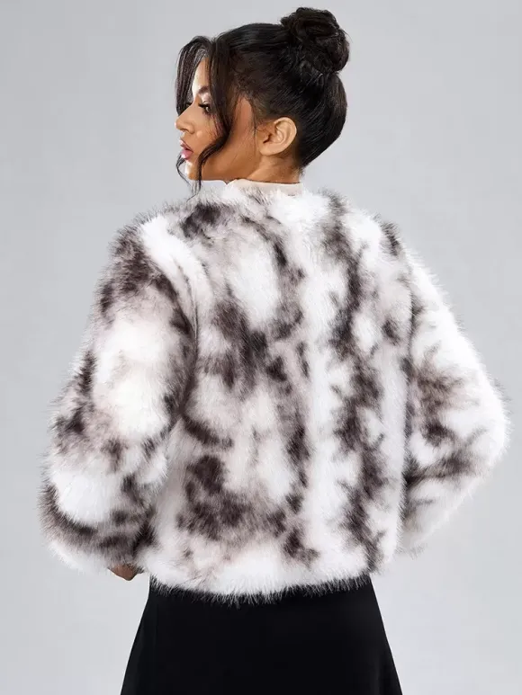 Faux Fur Coats Long Sleeves Casual Faux Fur Jacket Jewel Neck White Women Coat