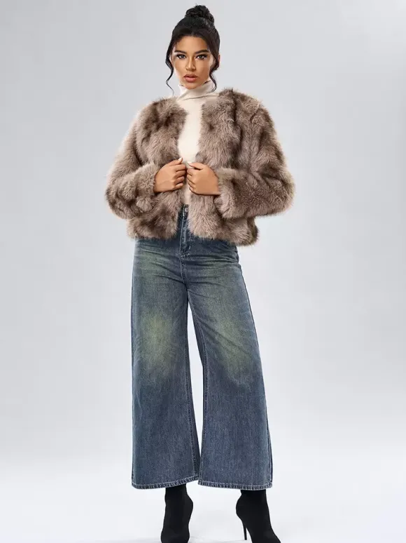Faux Fur Coats Long Sleeves Casual Faux Fur Jacket Jewel Neck White Women Coat