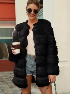 Faux Fur Coats Long Sleeves Chic Black Winter Coat