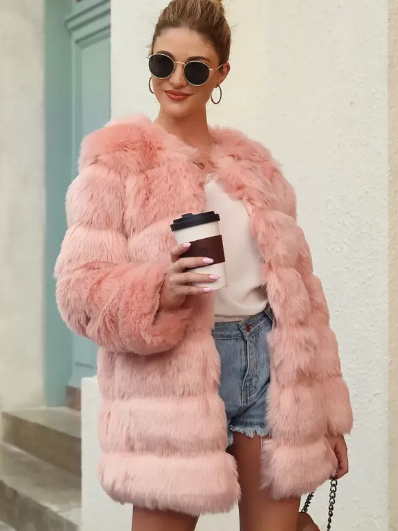 Faux Fur Coats Long Sleeves Chic Black Winter Coat