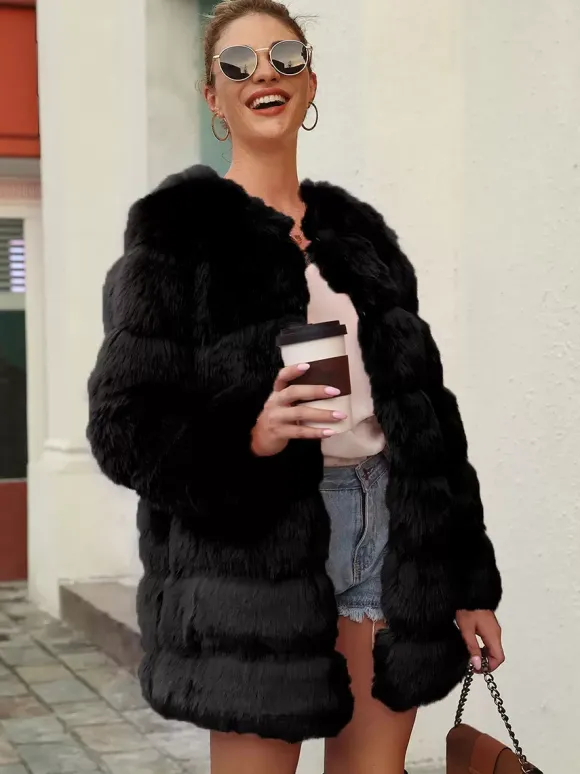Faux Fur Coats Long Sleeves Chic Black Winter Coat