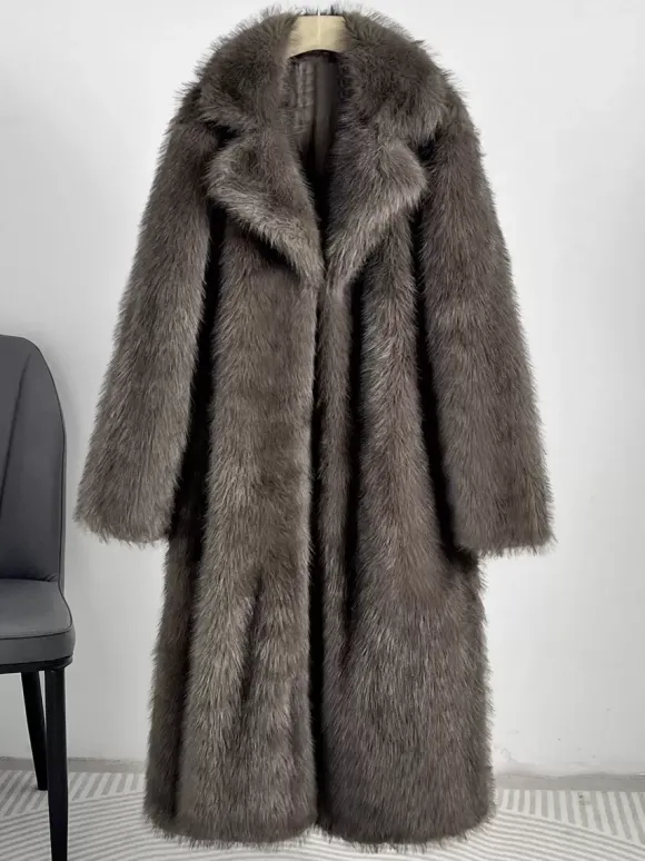 Faux Fur Coats Notched Lapel Oversized Winter Long Jacket For Women 2026
