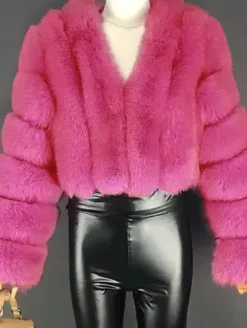 Faux Fur Coat V-Neck Long Sleeves Winter Eco-friendly Fur Crop Jacket For Women 2026