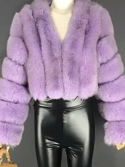 Faux Fur Coat V-Neck Long Sleeves Winter Eco-friendly Fur Crop Jacket For Women 2026