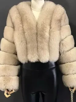 Faux Fur Coat V-Neck Long Sleeves Winter Eco-friendly Fur Crop Jacket For Women 2026