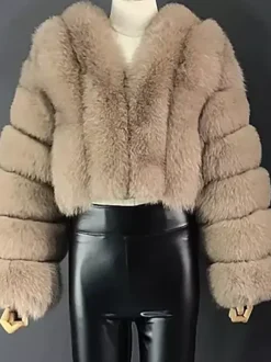 Faux Fur Coat V-Neck Long Sleeves Winter Eco-friendly Fur Crop Jacket For Women 2026