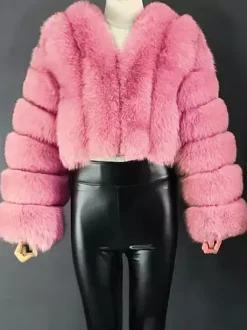 Faux Fur Coat V-Neck Long Sleeves Winter Eco-friendly Fur Crop Jacket For Women 2026